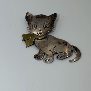 Vintage Mexico Sterling Silver 925 Happy Cat Brass Scarf Brooch Pin Pendant